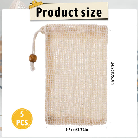5 Sisal Soap Bags - Natural Fiber Soap Savers with Drawstring for Bath & Shower