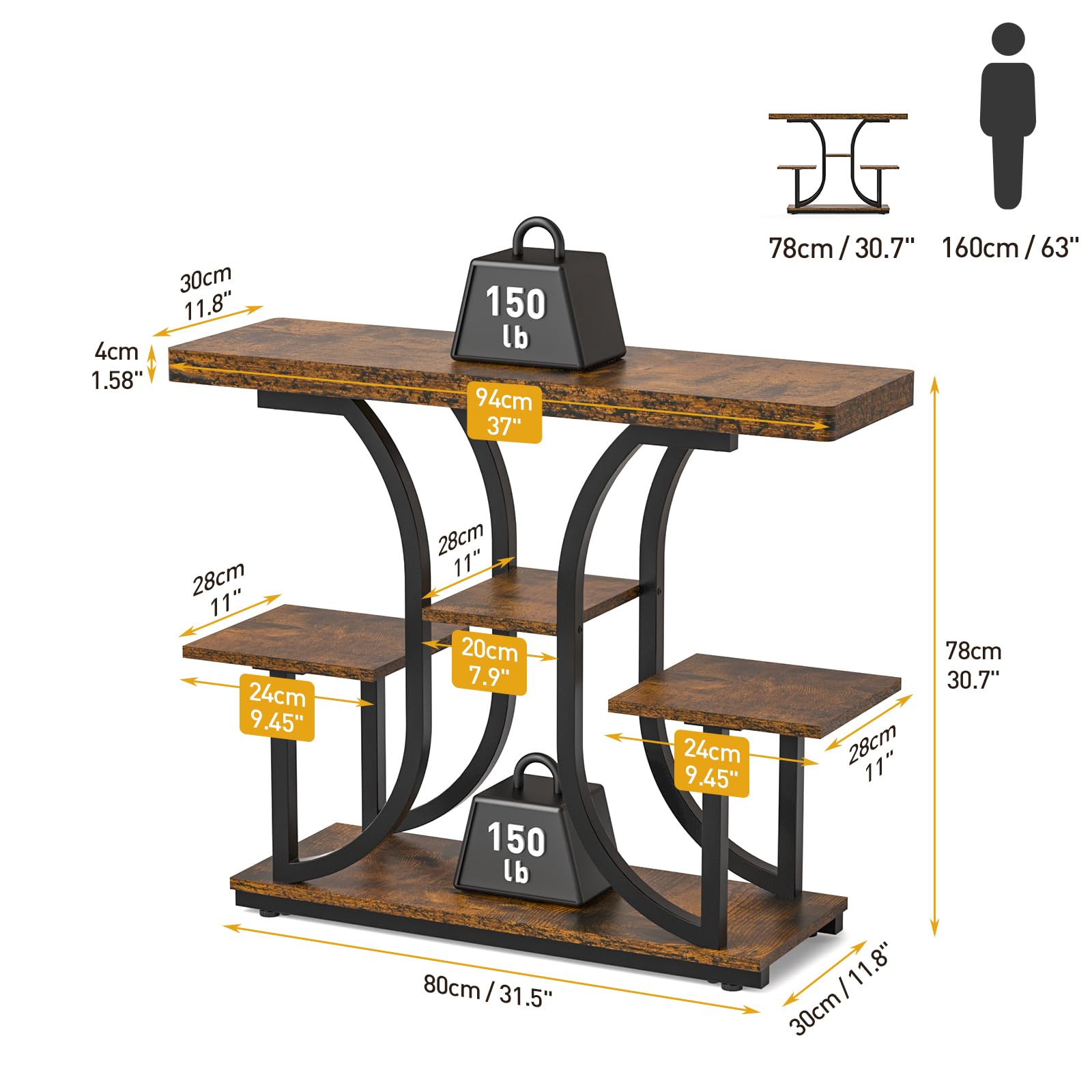 ikkle Console Table, 37'' Hallway Table Behind Sofa Table with Curved Base, Industrial 4-Tier Narrow Wood Slim Console Table with Storage for Living