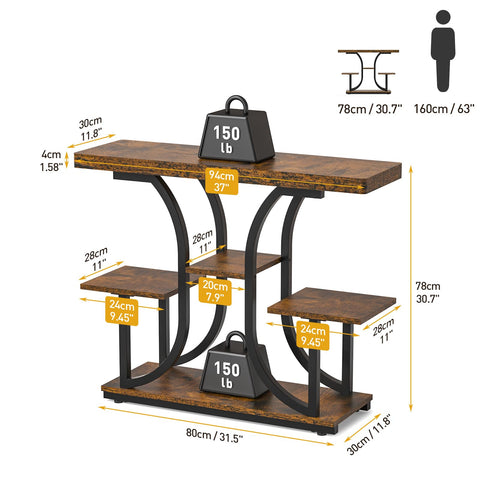 ikkle Console Table, 37'' Hallway Table Behind Sofa Table with Curved Base, Industrial 4-Tier Narrow Wood Slim Console Table with Storage for Living