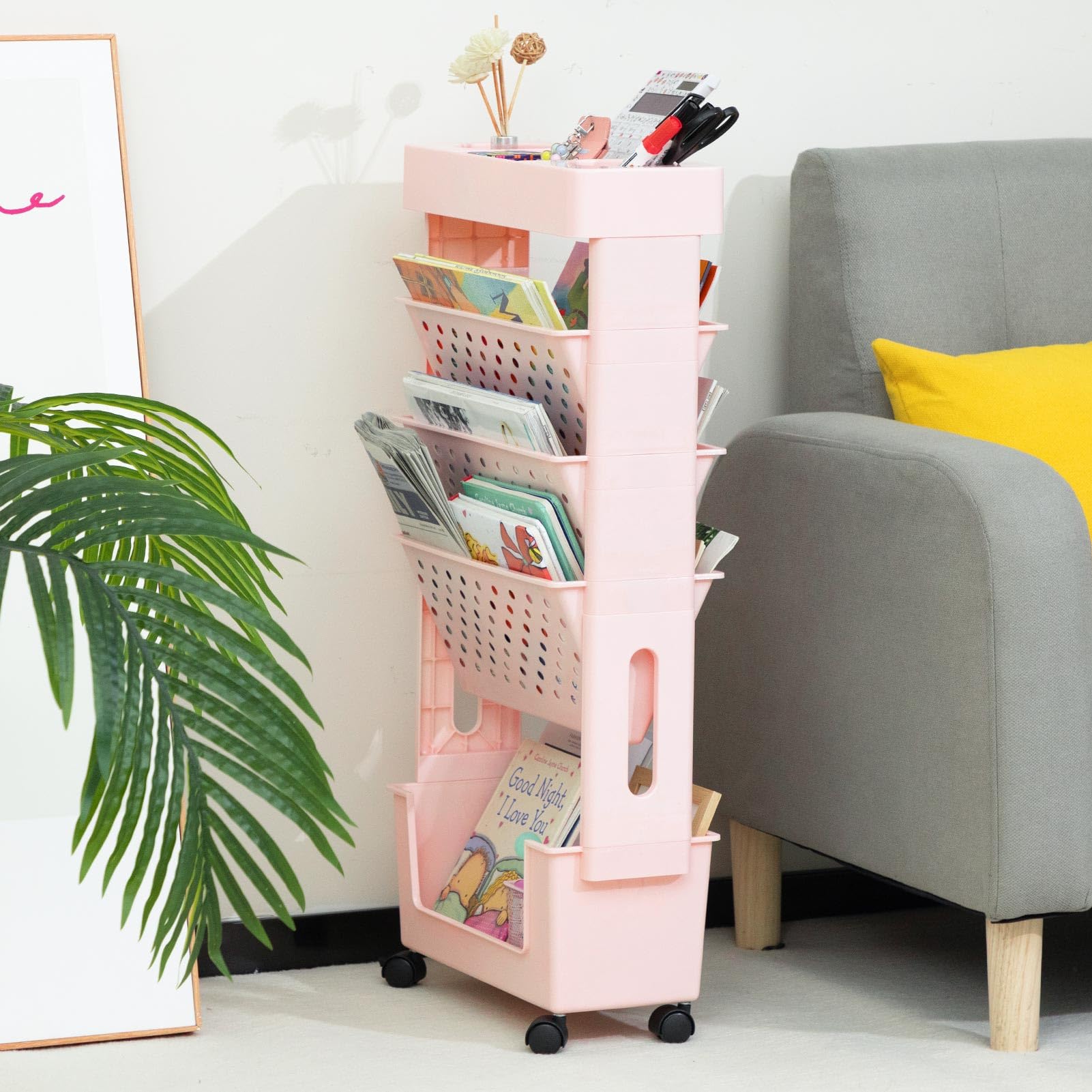 DOEWORKS Mobile Bookshelf with Wheels Small Rolling Book Storage Trolley Craft Trolley Art Trolleys 5-Tier Slim Bookcase Movable Bookshelf for Living