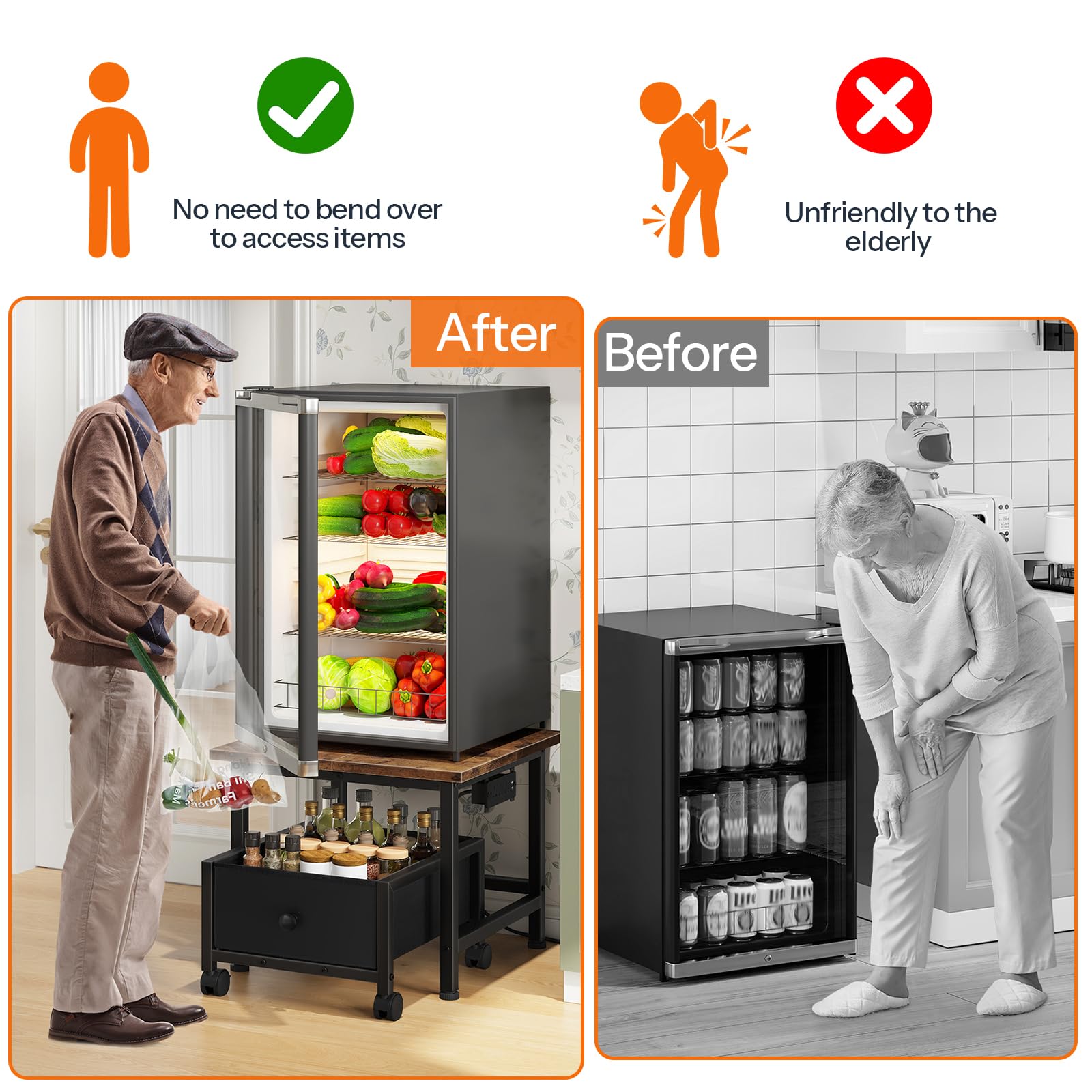 HOOBRO Mini Fridge Stand with Storage Basket and Power Outlet, Mini Fridge Cabinet with Wheels and Adjustable Feet, Mobile Fridge Shelf, for Home
