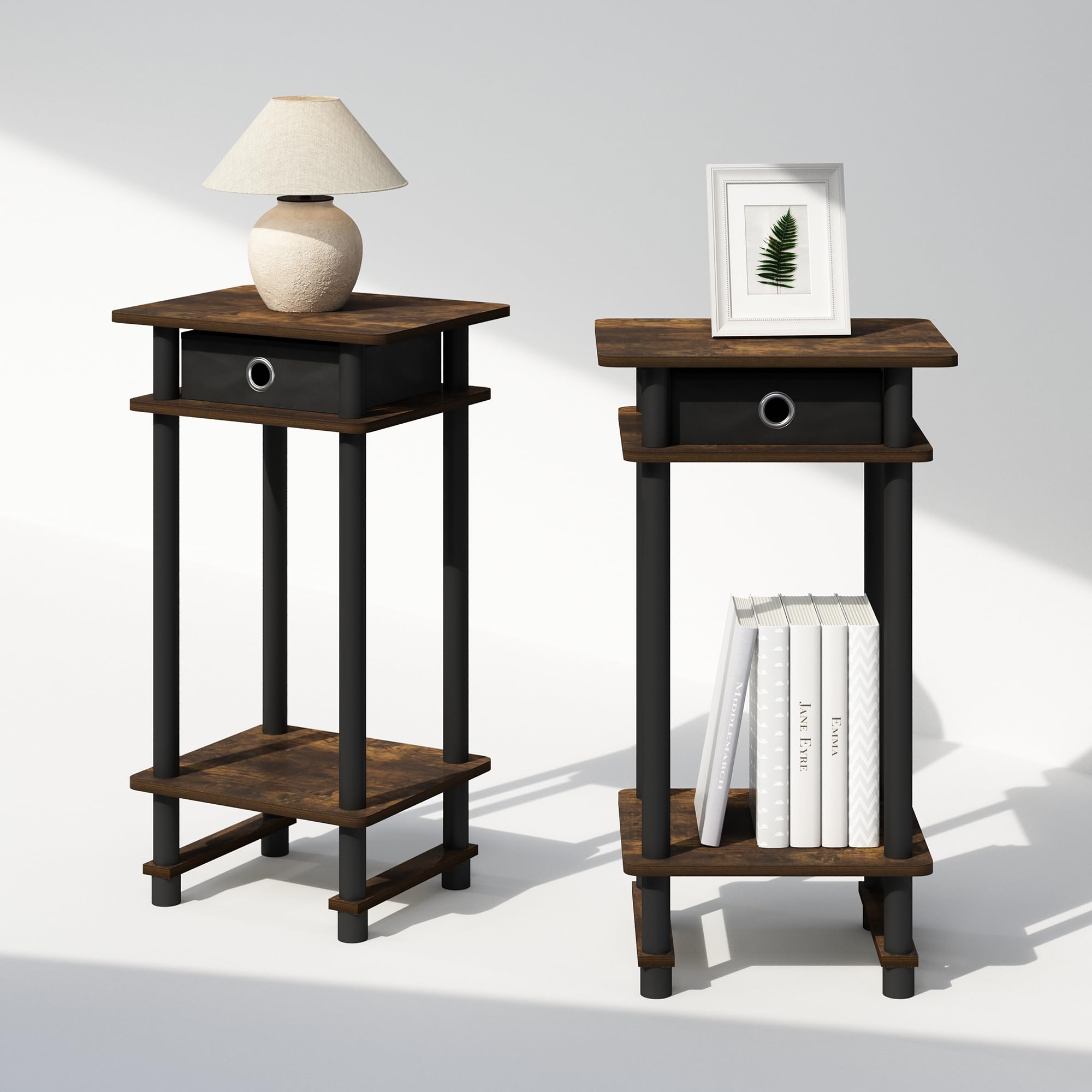 Furinno TURN-N-TUBE Night Stand Set of 2, 3-Tier Open Shelf Design Nightstand with Storage Bin, Tall Bedside Table, End Table, Side Table