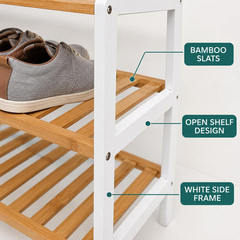 1ABOVE Bamboo Shoe Rack, Plant Rack, Perfect for Corridor, Living Room, Bathroom, Bedroom, Hallway or Small spaces-Parent. (White & Natural, 4 Tier)