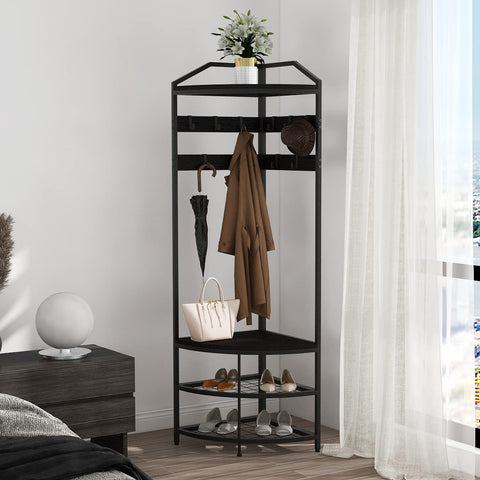 VEDECASA Coat Rack Stand with Shoe Storage Bench Free Standing Corner Hall Tree 4-Tier Corner Clothes Rack with 10 Metal Movable Hooks and Wooden