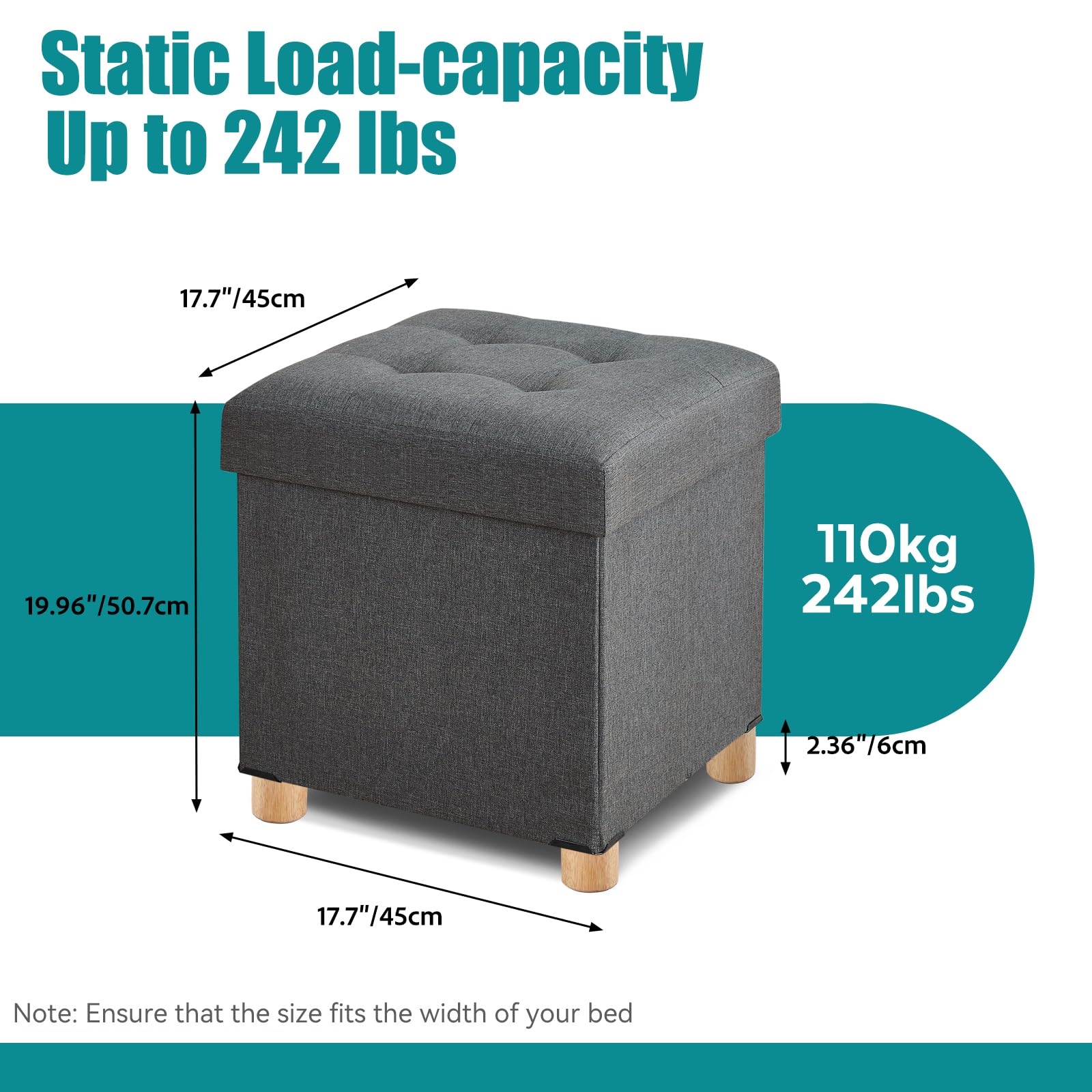 BRIAN & DANY Folding Ottoman Storage Box with Wood Legs, Linen Foot Stool, Footstool with Storage, Highly Elastic Sponge Filling, Gray