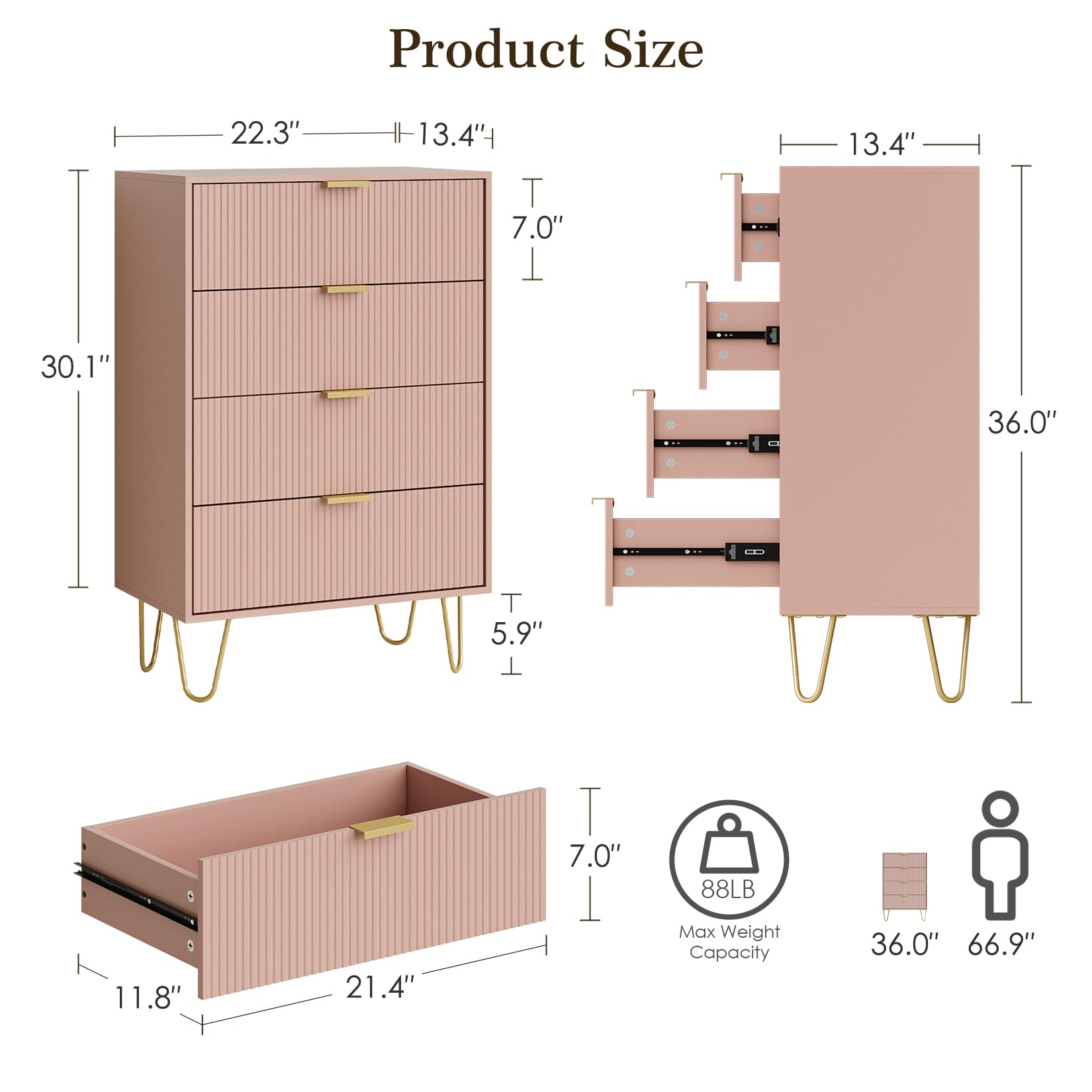 HEYZOEY Pink Chest of 4 Drawers for Bedroom, 60x34x91cm, Wood Storage Dresser Bedroom Furniture Cabinet for Living Room,Office,Lounge,Pink