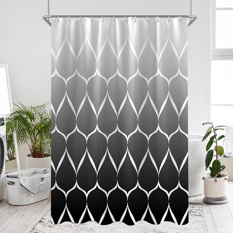 Shower Curtain 300 x 200 cm Gradient Black Water Drops, Weighted Hem, Anti-Mould Textile, Water-Repellent