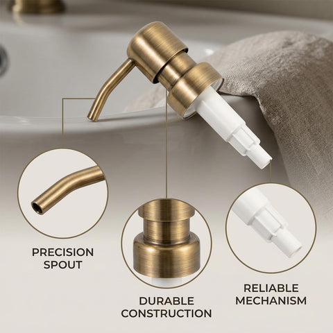 2 Pack Vintage Gold Stainless Steel Soap Dispenser Pump Replacement Heads, 304 Grade 28/400 Screw-In Thread