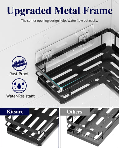 Kitsure Corner Shower Caddy – 2-Pack Adhesive Bathroom Shelves, Black, L