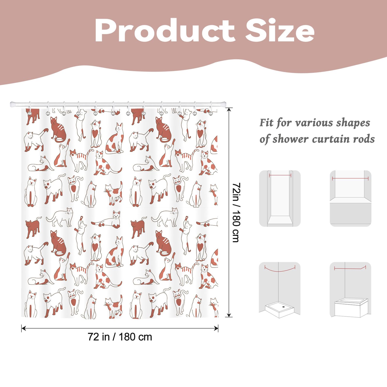 BREASOME Funny Cat Shower Curtain 180 x 180 cm Cute Cartoon Cat Shower Curtain for Bathroom Decor Mould Proof Waterproof Polyester Fabric Bath