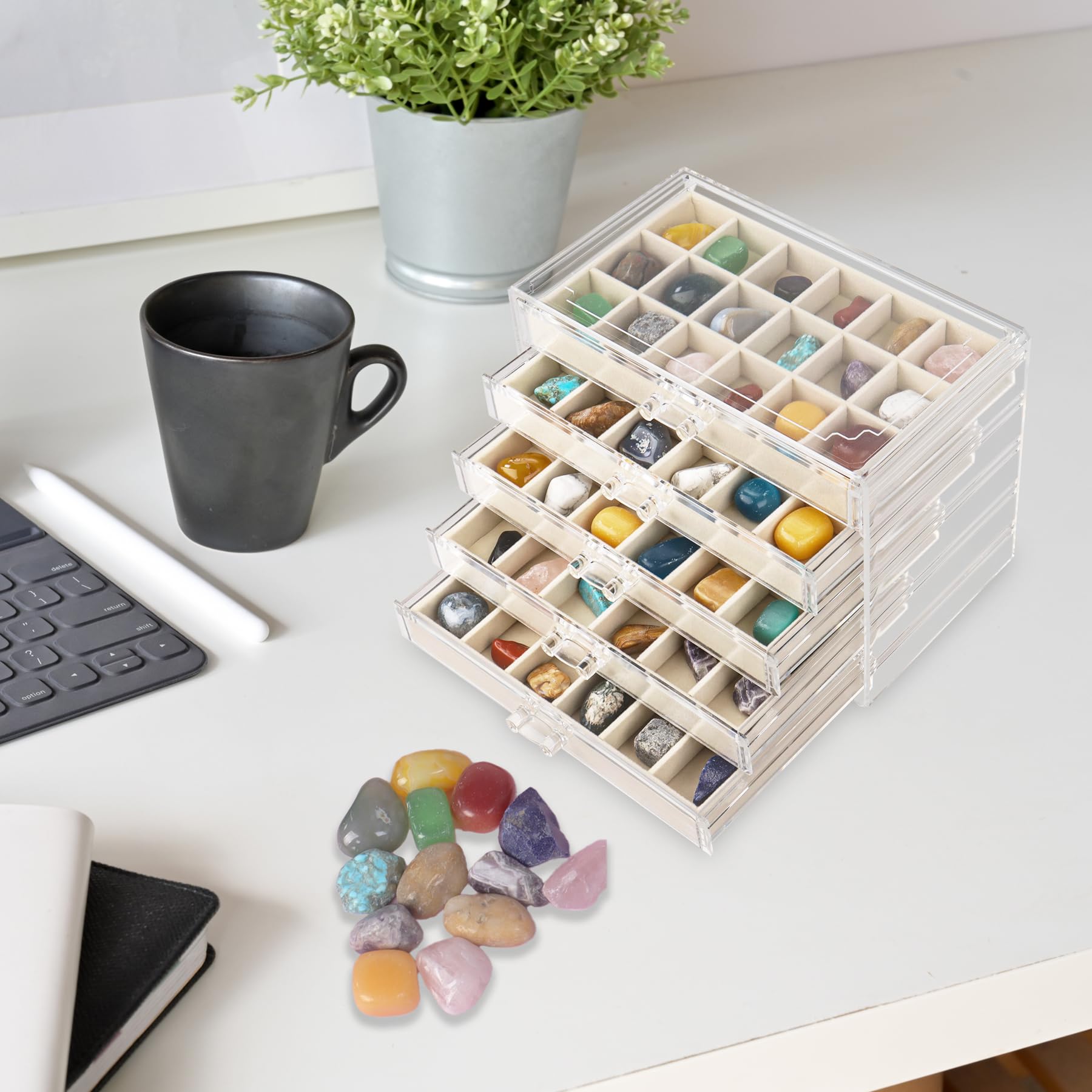 Dmnnlp Rock Display Case, 5 Drawers 90 Grids Acrylic Rock Collection Box, Storage Cases for Small Rocks Gemstone Fossil Crystal Stone Jewellery
