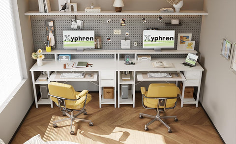 Xyphren Computer Desk with Drawers, 120x50cm Office Desk with Keyboard Tray with Power Outlet & Monitor Stand