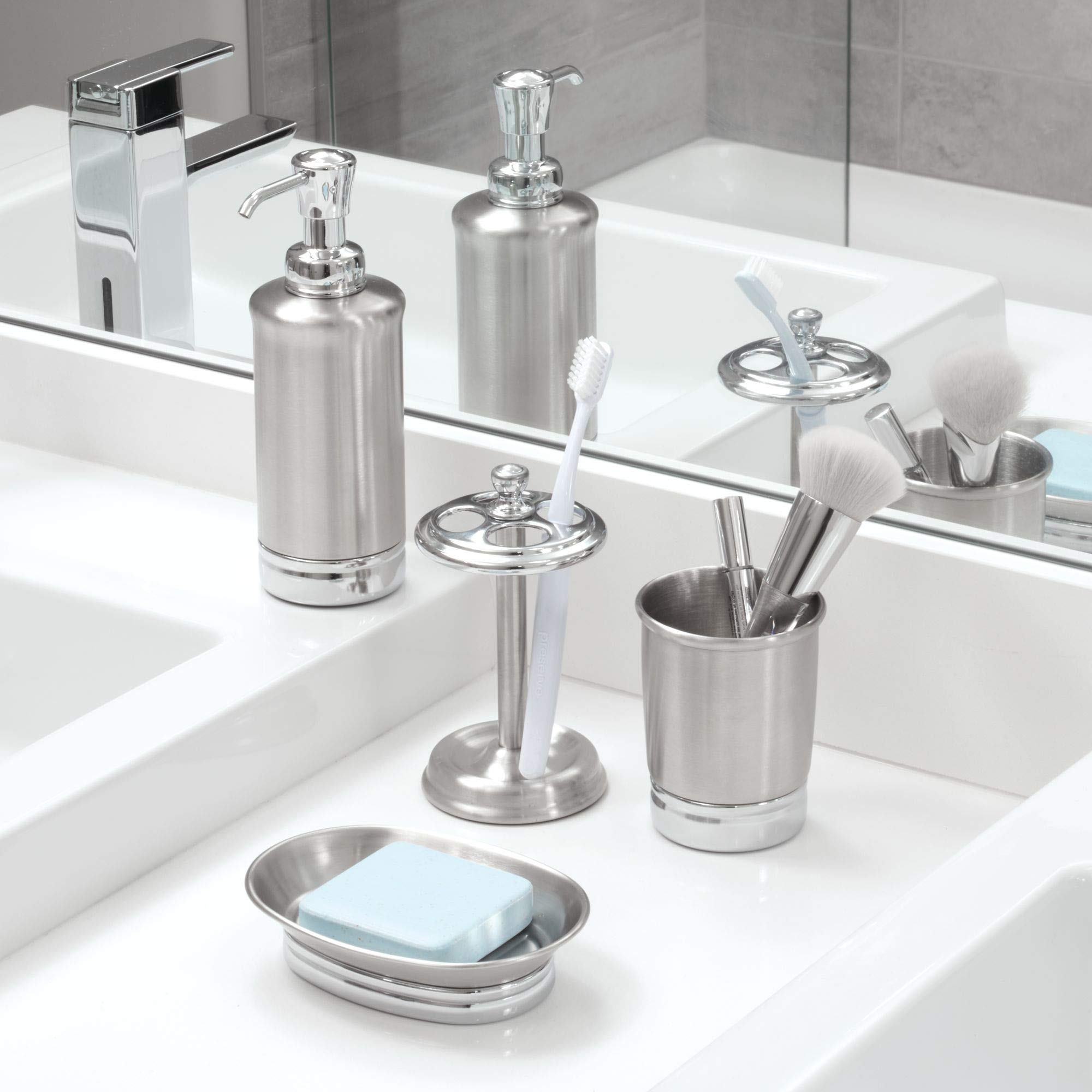 iDesign York Metal Toothbrush Holder/Stand for the Bathroom, Made of Stainless Steel, Split Finish