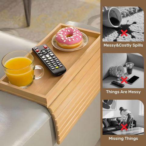 ULIKEUS Bamboo Sofa Arm Tray Foldable Couch Cup Holder Anti-Slip Armrest Organizer Sofa Side Table for Control, Drink, Snacks, Cups