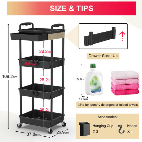 Yeabett 4 Tier Storage Trolley with Drawer, Utility Cart with Plastic Shelf & Lockable Wheels Multifunctional Storage Cart for Kitchen, Bathroom
