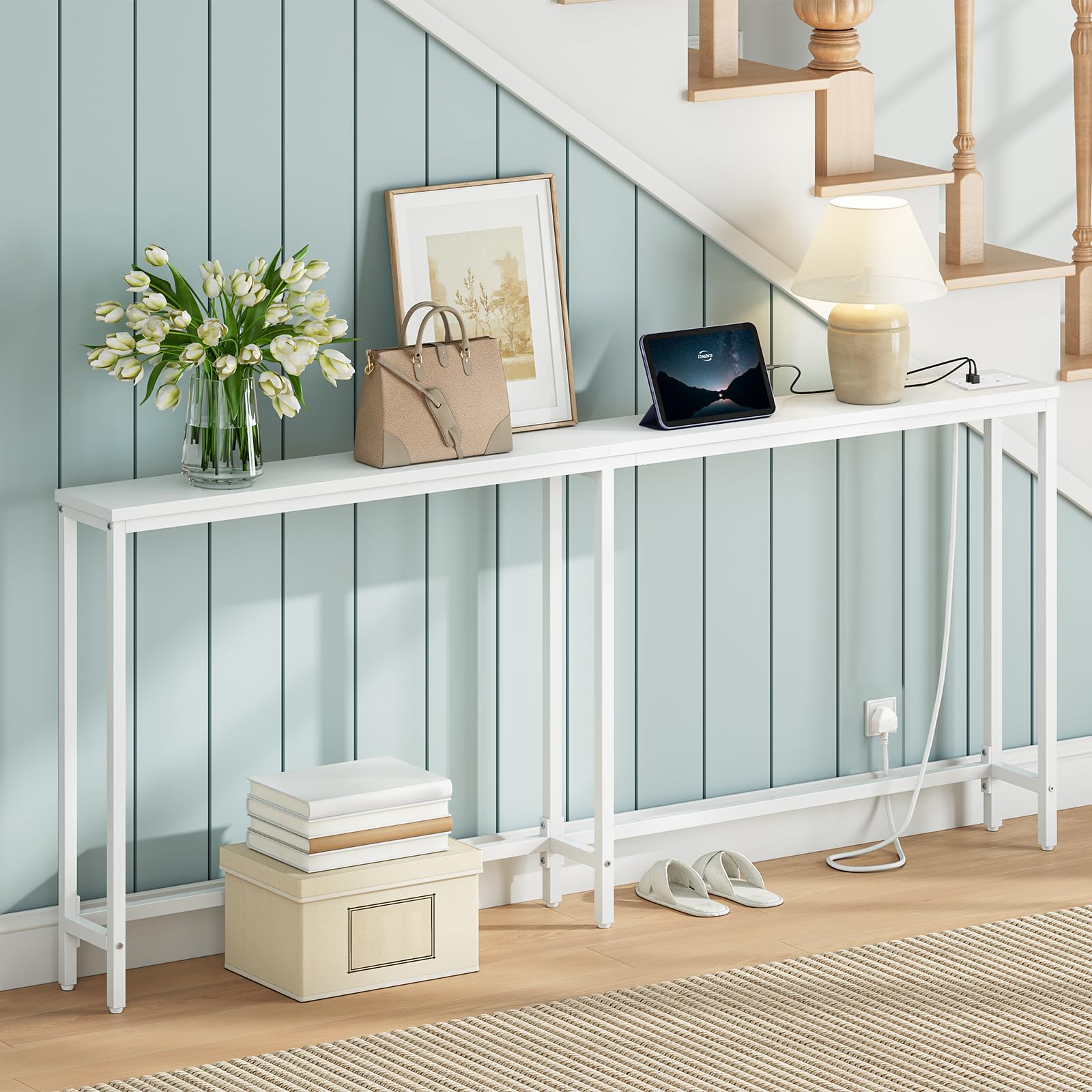 HOOBRO Slim Console Table with Charging Station, 180 cm Long Hallway Table with USB Ports, Behind Sofa Table Narrow for Hallway, Entryway, Foyer