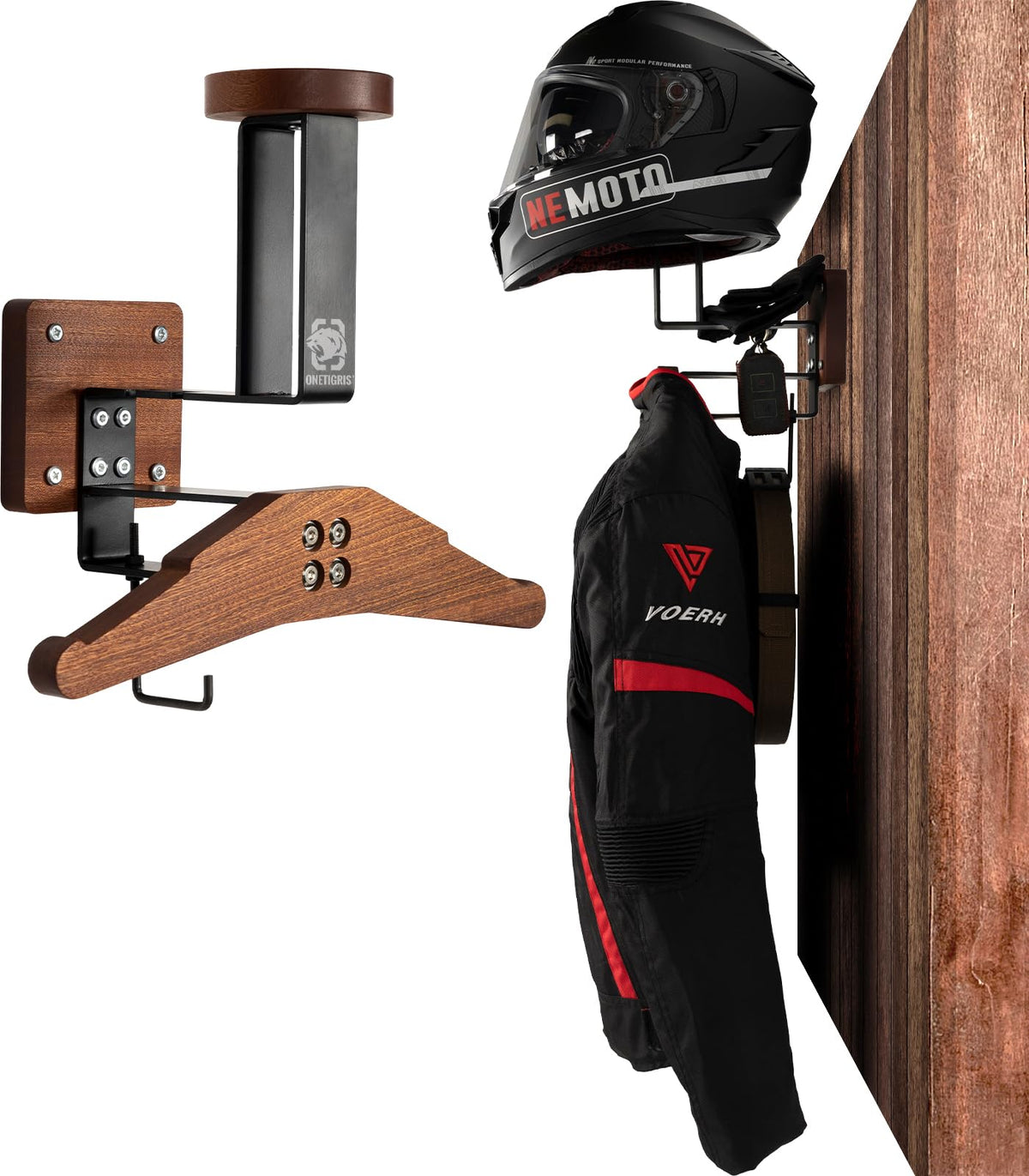 OneTigris Motorcycle Helmet Stand Wall Mount – Heavy-Duty Helmet & Jacket Hanger, Wall-Mounted Stand for Motorbike Gear & Tactical Equipment