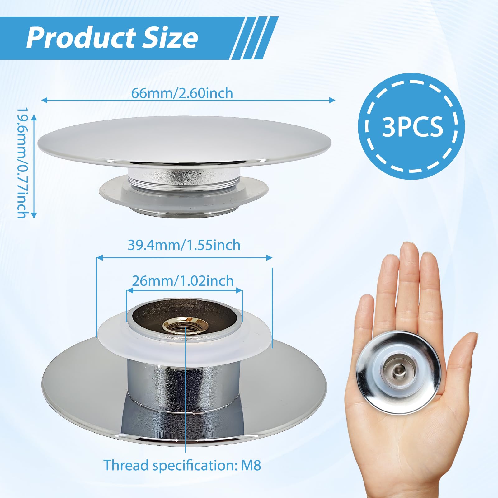 3 Pcs Pop Up Sink Plug Replacement 66mm,Chrome Click Clack Sink Plug Replacement,Pop Up Push Button Waste Stopper for Bathroom Sinks & Bathtubs
