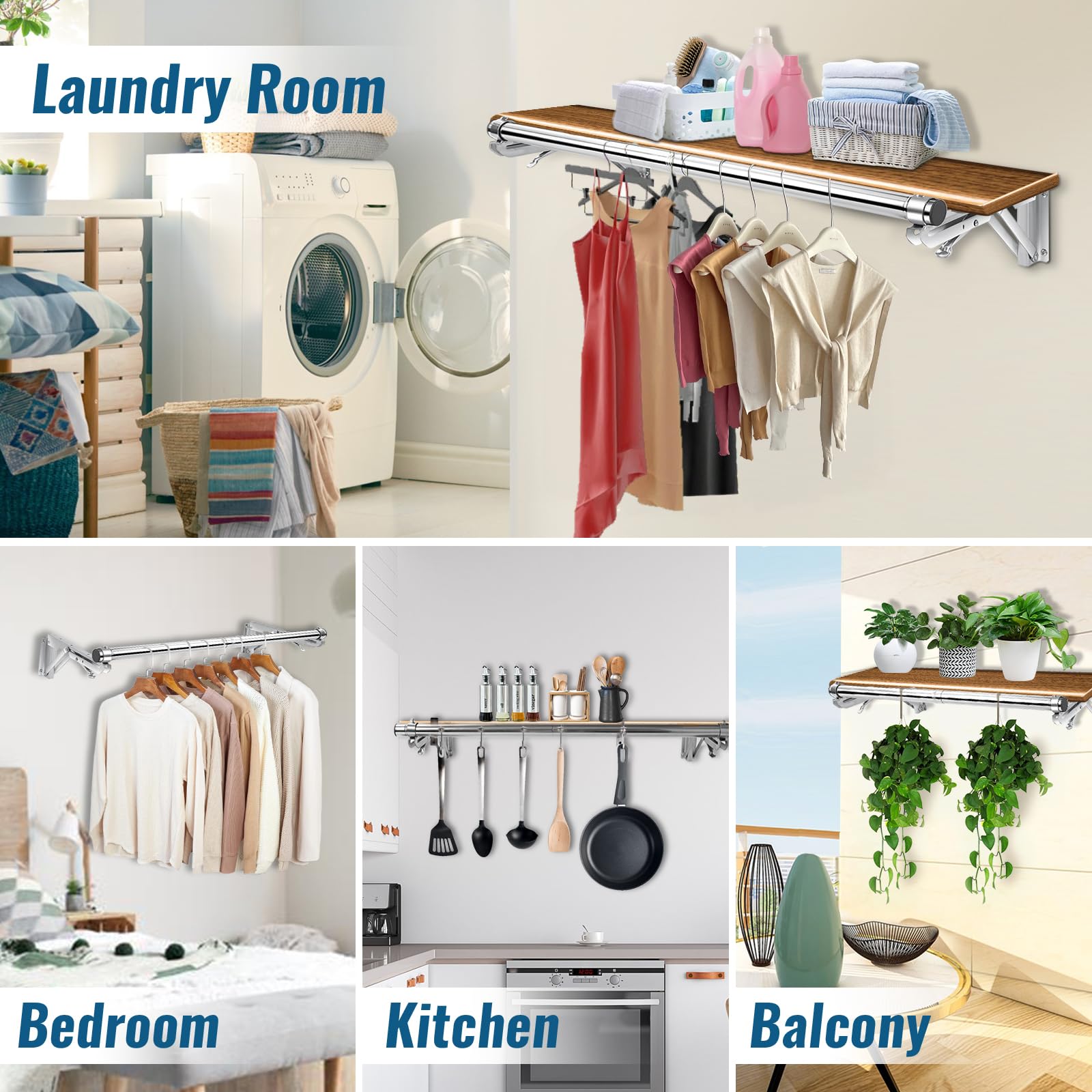 Foldable Wall Mounted Clothes Rack-44'' Long Rod&2 Bases,Stainless Steel, Heavy Duty,Detachable,Multi-Purpose for Space-Saving Garment Rack/Clothes