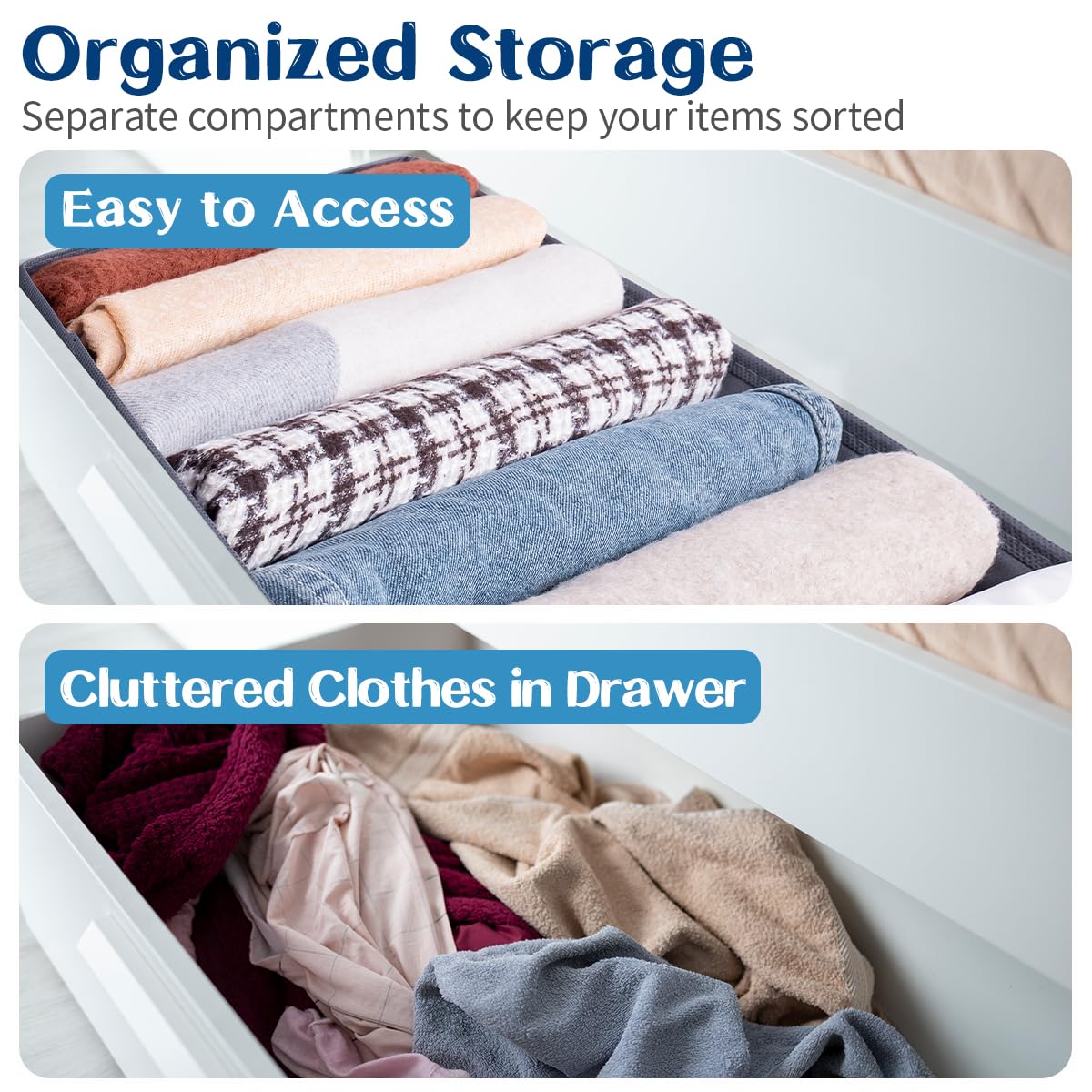 Niviy Clothes Drawer Organiser 7 Cells, 2 Pack, Large Wardrobe Storage