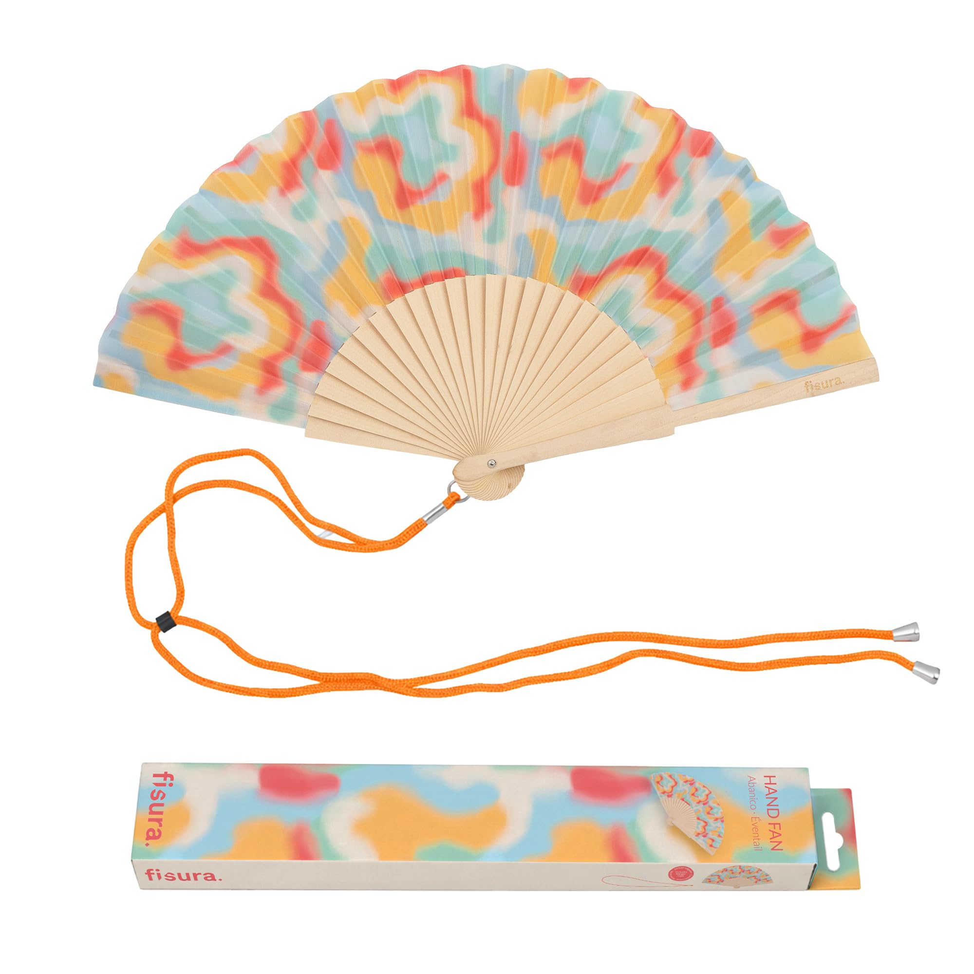 Fisura – Original Psychedelic “Aurora Retro” Print Folding Fan, Modern and Colourful Folding Handheld Fan, Multicolour Design for Wedding, Rave