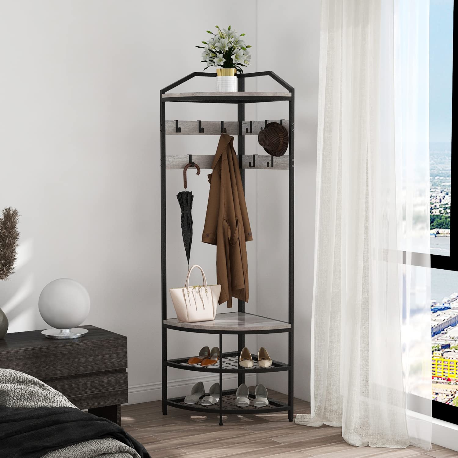 VEDECASA Corner Hall Tree Coat Rack with Shoe Bench and Storage Shelf 4-Tier Freestanding Entryway Corner Organizer with 10 Metal Movable Hooks and