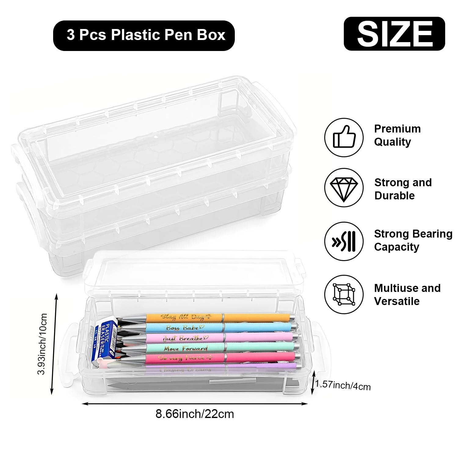 DARUITE Pencil Box, 3 Pack Pen Storage Organiser with Snap Tight Lid