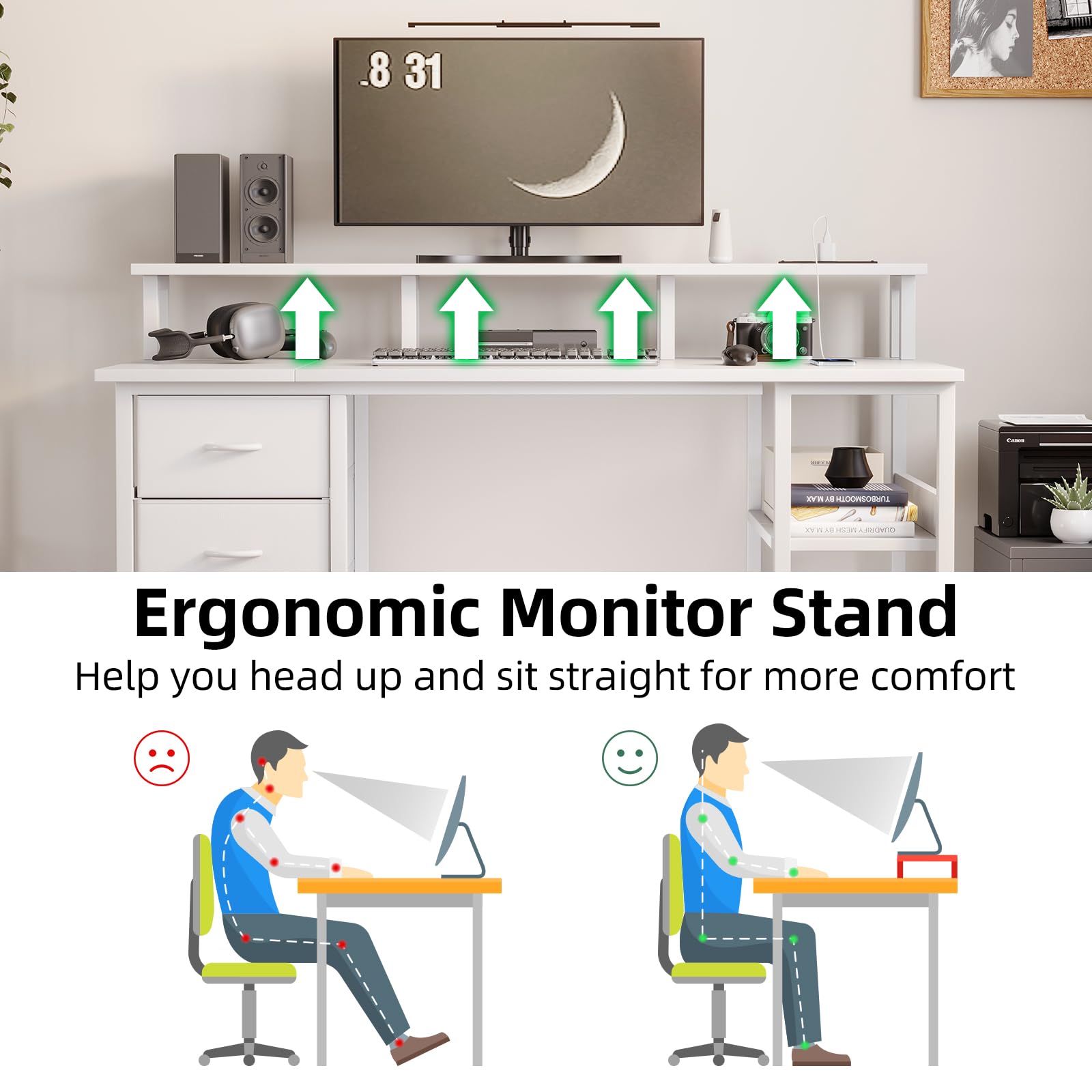 MUTUN 120cm Computer Desk with 4 Fabric Drawers, Home Office Desk with Power Outlets & USB Type-C Port
