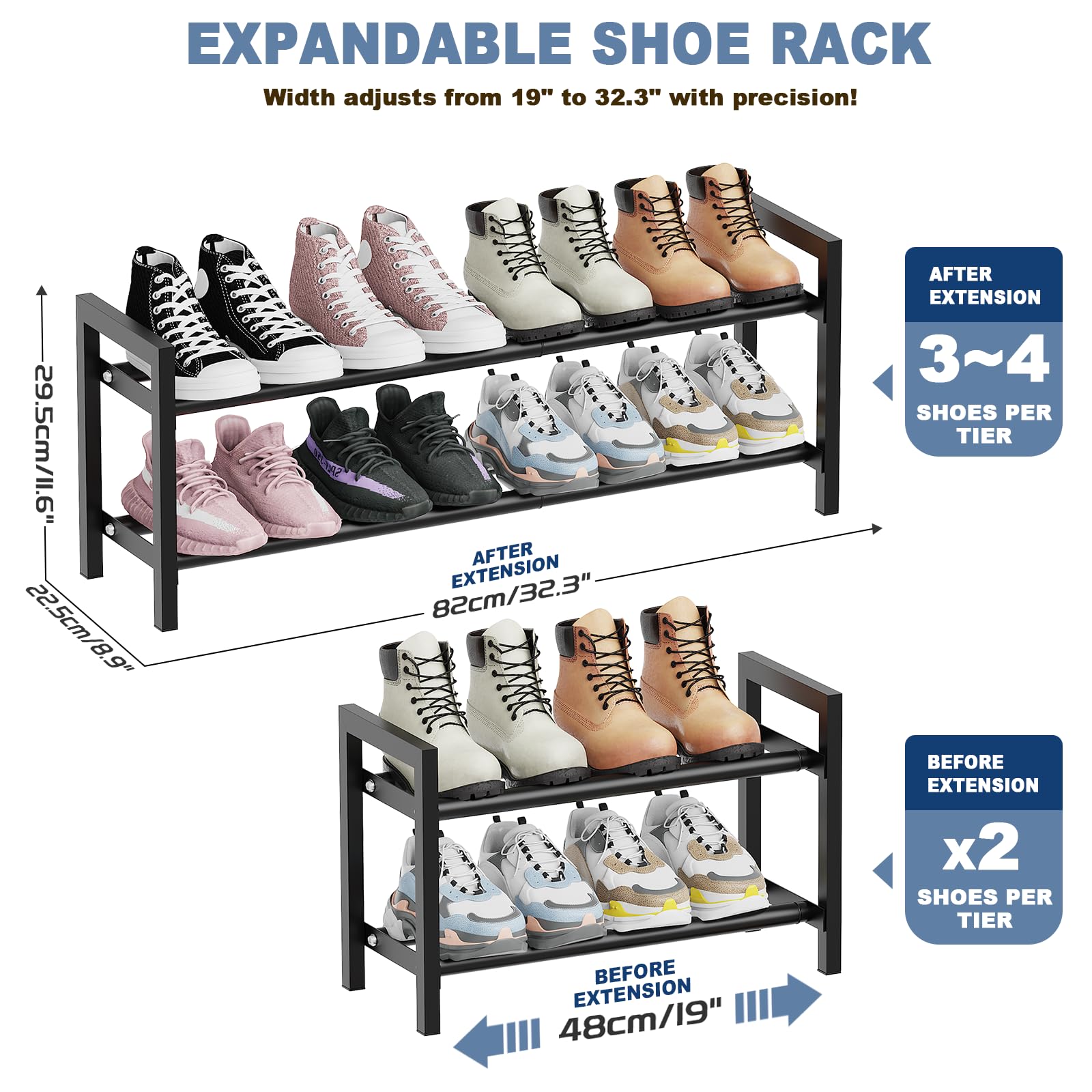 2 Tier Expandable Shoe Rack, Adjustable Metal Shoe Storage Organizer