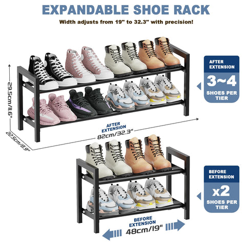 2 Tier Expandable Shoe Rack, Adjustable Metal Shoe Storage Organizer