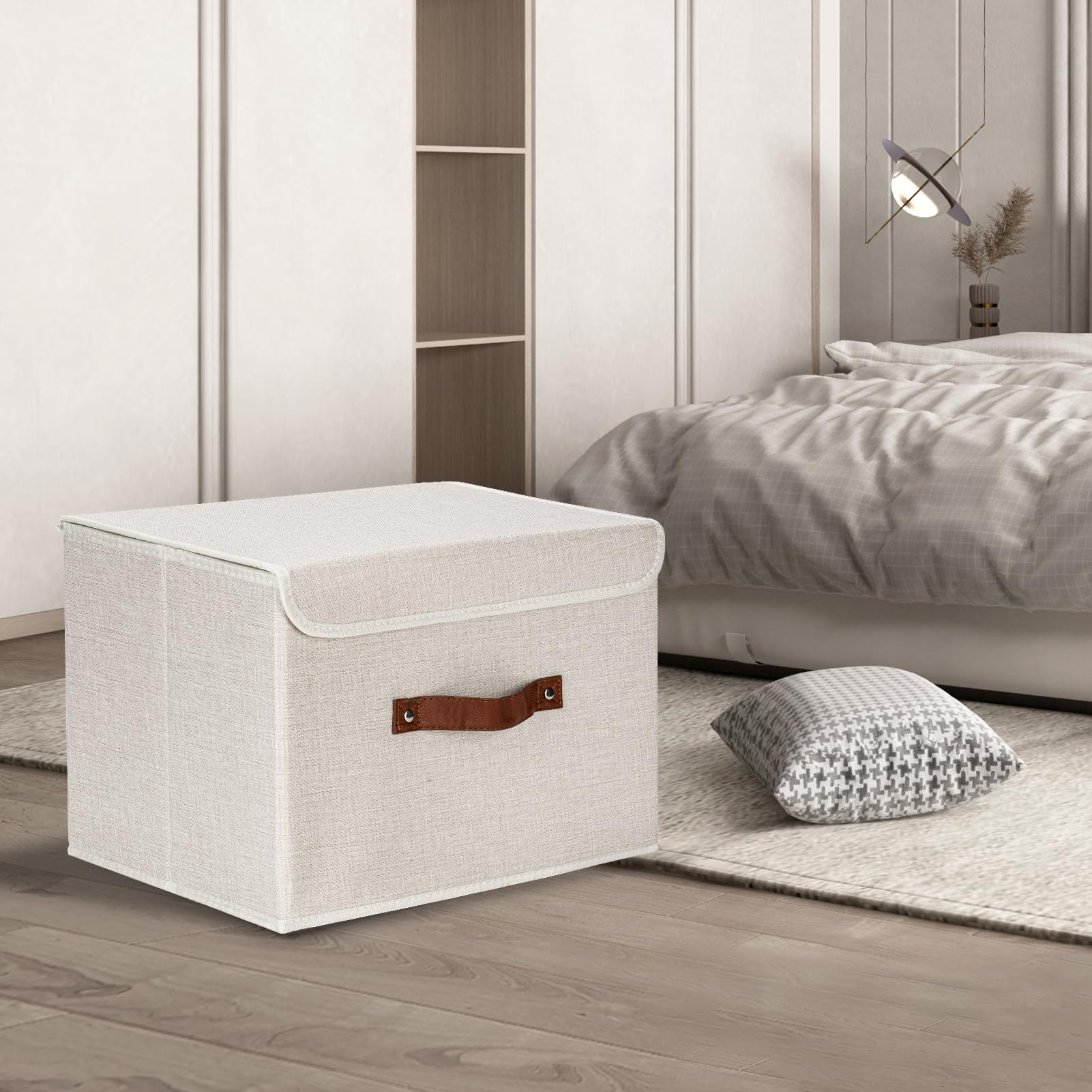 TYEERS Collapsible Storage Box with Lid, Fabric Storage Box for Clothes, Wardrobe Storage, 38x25x25 cm, Set of 2, Beige