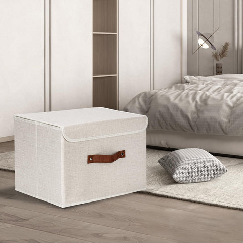 TYEERS Collapsible Storage Box with Lid, Fabric Storage Box for Clothes, Wardrobe Storage, 38x25x25 cm, Set of 2, Beige
