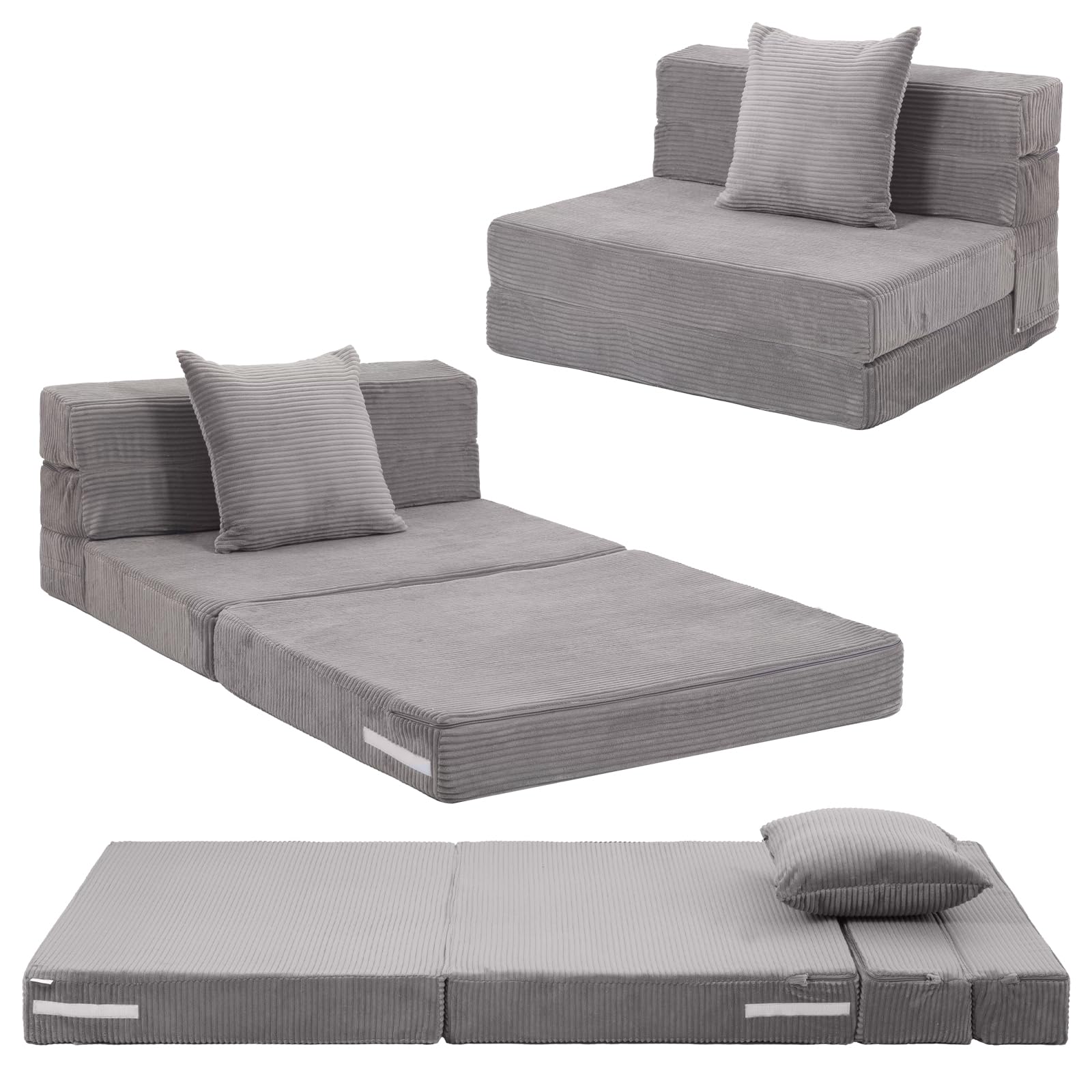 MeMoreCool Folding Mattress Single, Corduroy Fold Out Sofa Bed, Grey