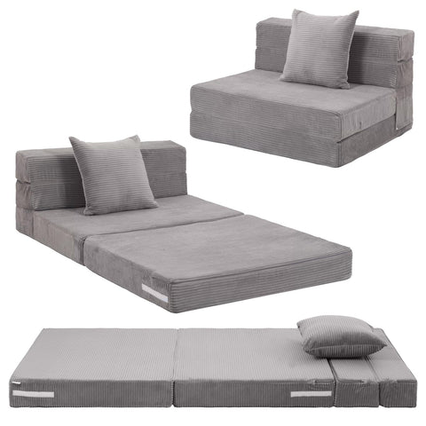 MeMoreCool Folding Mattress Single, Corduroy Fold Out Sofa Bed, Grey