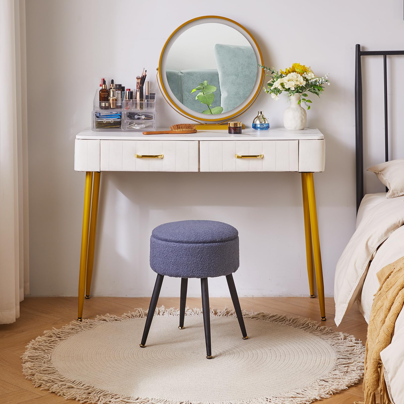 Aibiju Dressing Table Stool with Storage Space, Round Footrest Stool Ottoman, Vanity Dressing Table Chair with 4 Metal Legs for Home Living Room