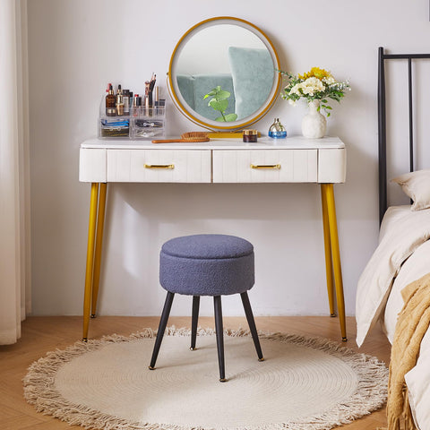 Aibiju Dressing Table Stool with Storage Space, Round Footrest Stool Ottoman, Vanity Dressing Table Chair with 4 Metal Legs for Home Living Room