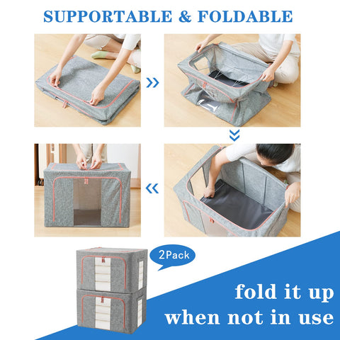 FUSACONY Closet Organizers and Storage, Foldable Oxford Cloth Steel Frame Box,2 Pack,Clear Window & Carry Handles, Waterproof