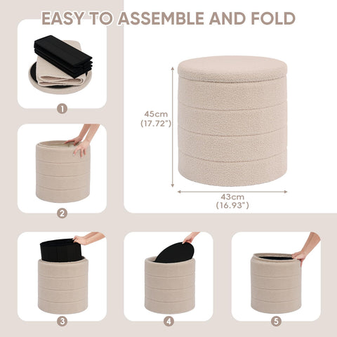 PINPLUS Round Ottoman Storage, Convertible Table, Beige, 43x43x45 cm