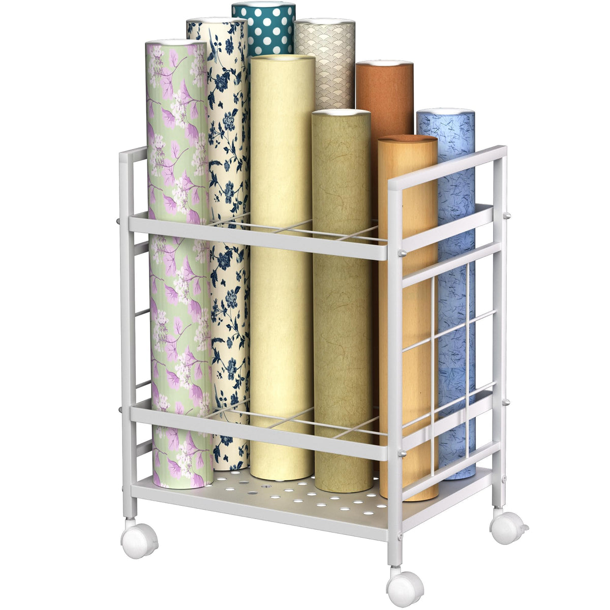Jowkou Blueprint Storage Rack Cart with Wheels, 12-Slot Blueprint Holder, Construction Plan Map Holder, Blueprint Storage Organiser Table, White