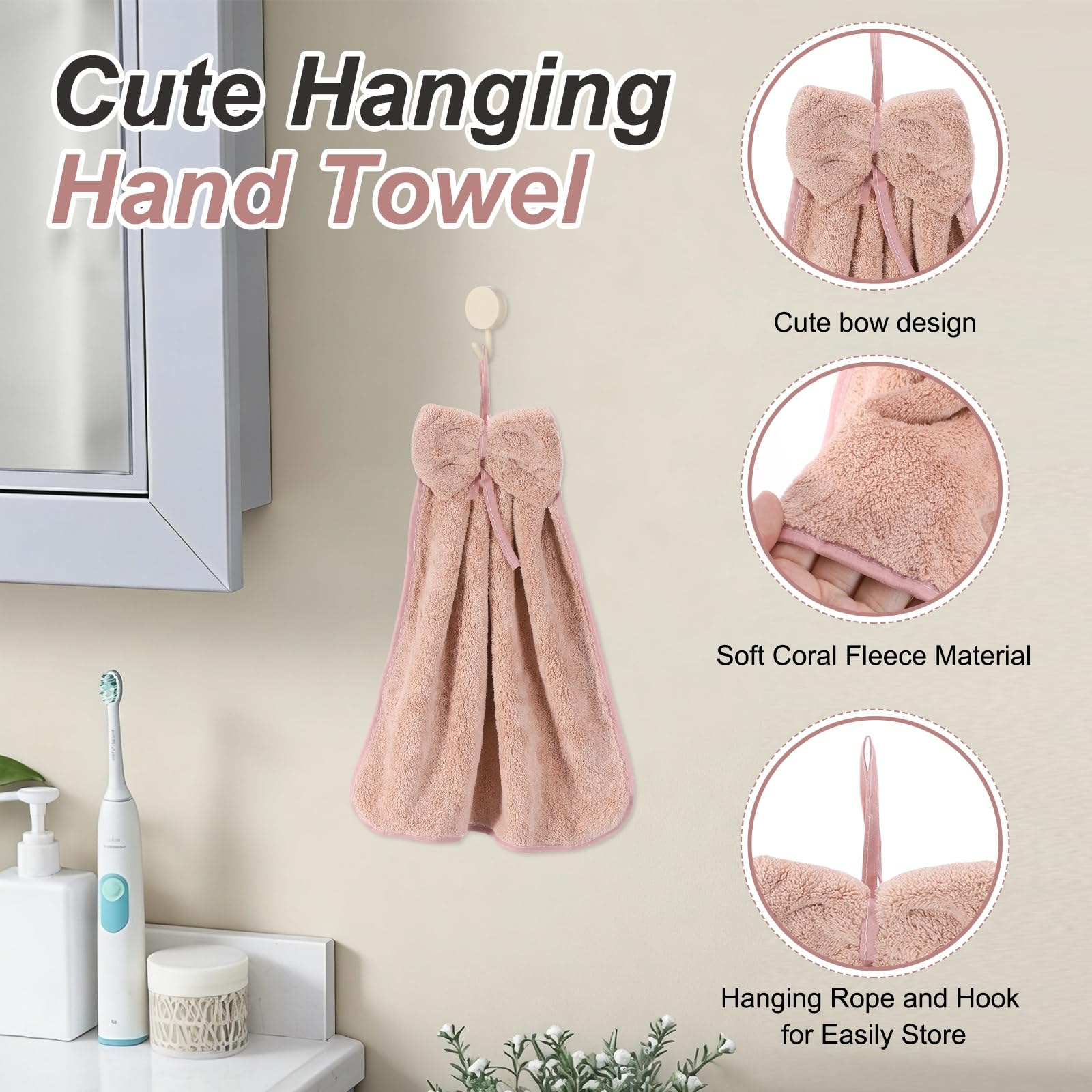 sourcing map 4Pcs Bow Hand Towels with Hanging Loop, 14.2" x 12.2" Soft Coral Fleece Microfiber Bowknot Hanging Hand Dry Towels Quick Dry and