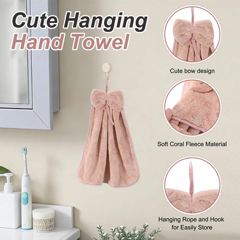 sourcing map 4Pcs Bow Hand Towels with Hanging Loop, 14.2" x 12.2" Soft Coral Fleece Microfiber Bowknot Hanging Hand Dry Towels Quick Dry and