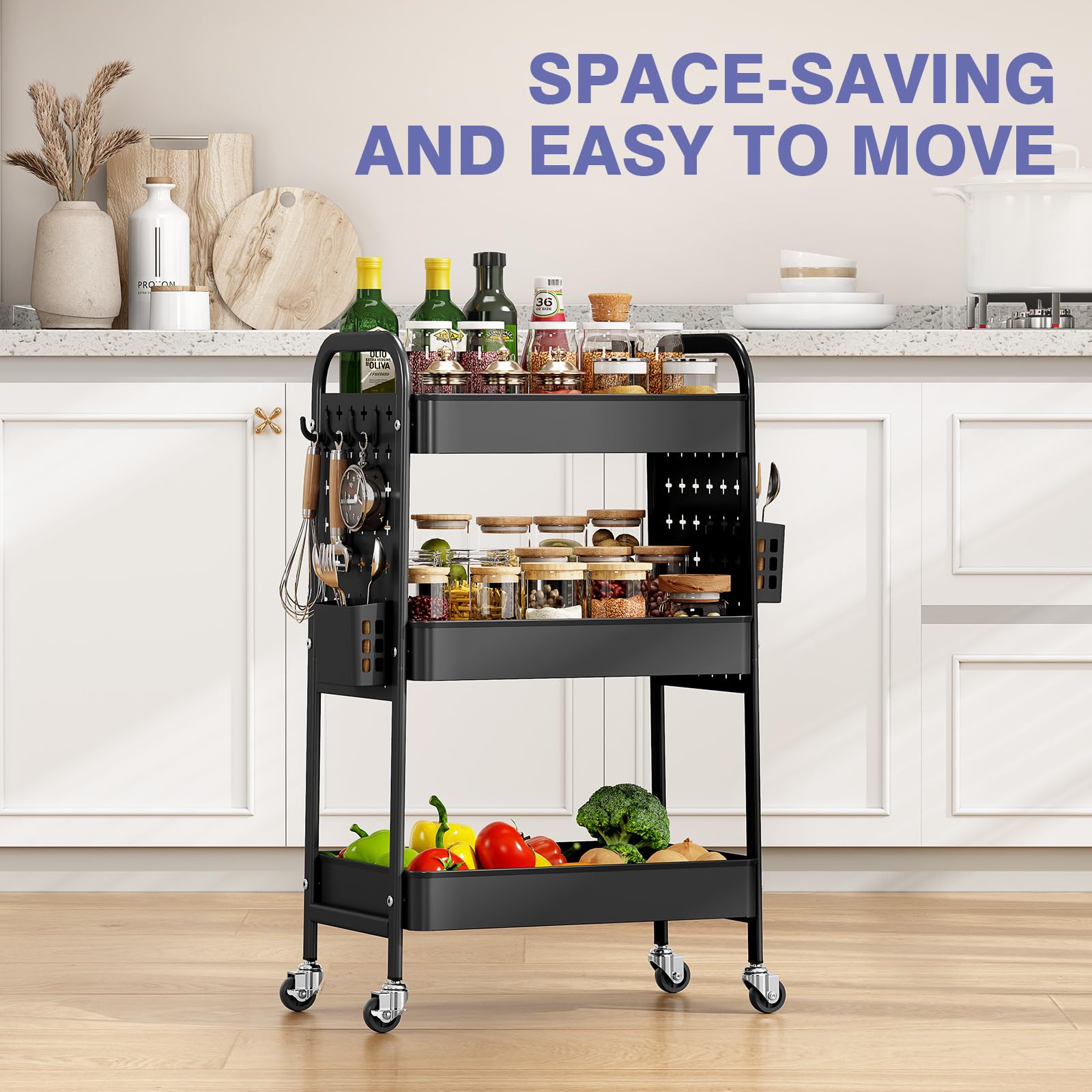 KINGRACK 3-Tier Rolling Cart with DIY Hanging Board, Metal Utility Cart with Wheels, Handles, Baskets & Hooks, Storage Organizer for Bathroom