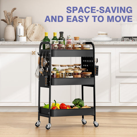 KINGRACK 3-Tier Rolling Cart with DIY Hanging Board, Metal Utility Cart with Wheels, Handles, Baskets & Hooks, Storage Organizer for Bathroom