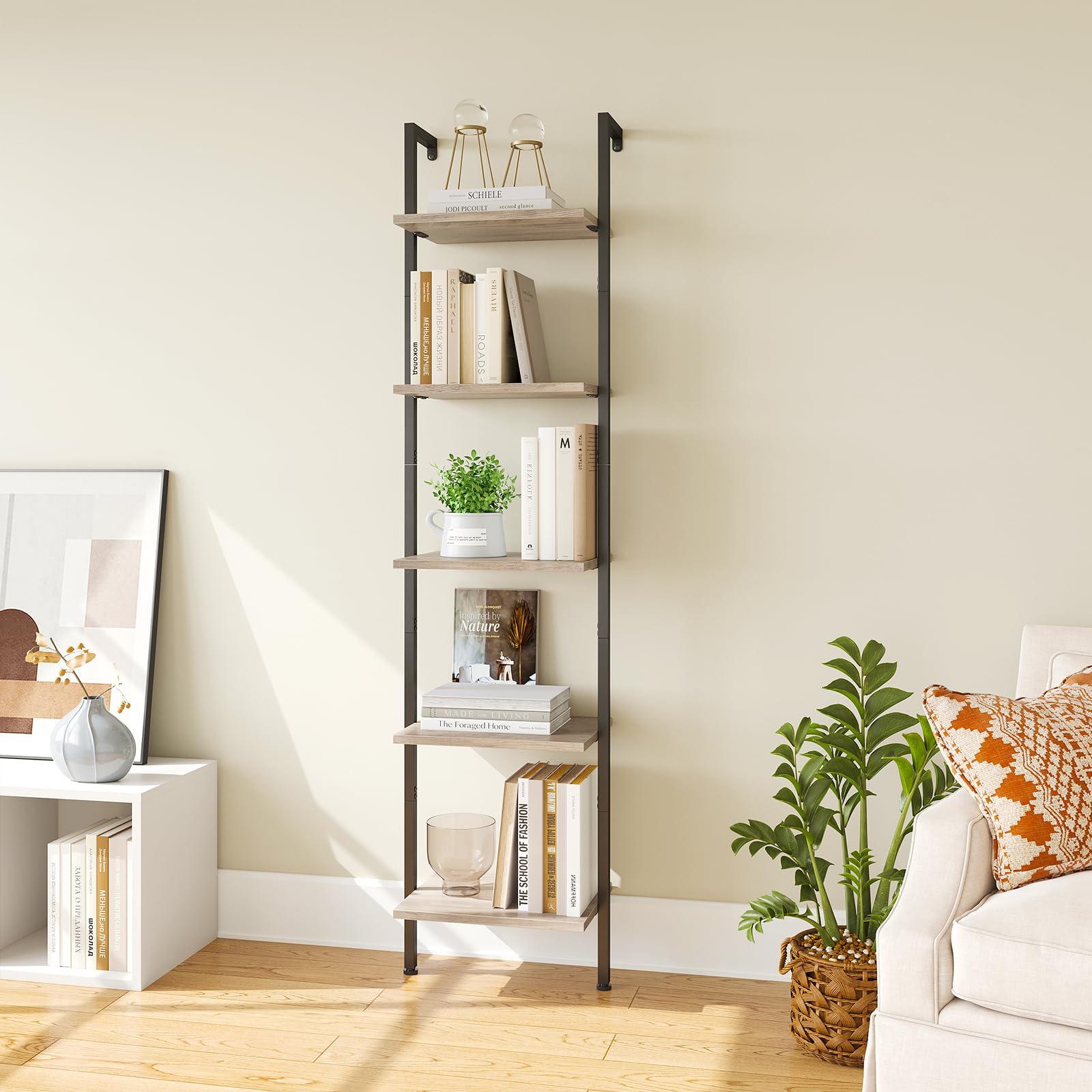 ELYKEN Slim Leaning Ladder Shelf Wall Mounted Wooden Narrow Shelf Unit