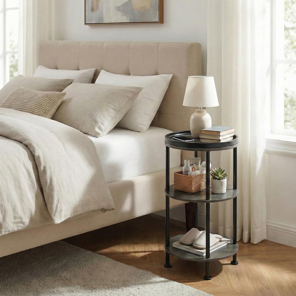 YEAKOO Nordic End Table, 3-Tier 30cm Round Side Table with Storage Shelf Edge Protection Tray