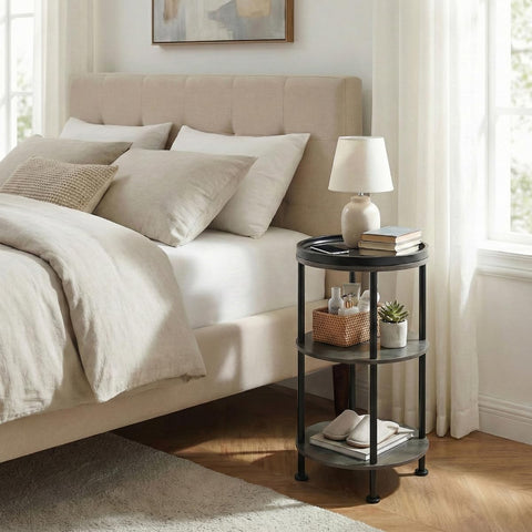 YEAKOO Nordic End Table, 3-Tier 30cm Round Side Table with Storage Shelf Edge Protection Tray