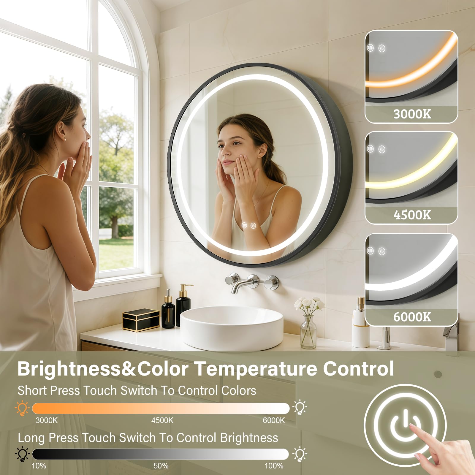 KAASUNES Round Mirror Cabinet with Light,Aluminum Framed,3 Colors Temperature&Dimmer,USB Shaver Socket,Defogger,71cm,black