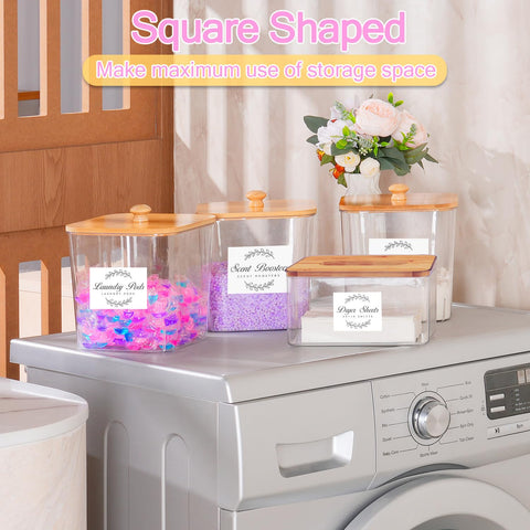 efluky Set of 4 Laundry Pods Containers, Laundry Detergent Storage with Lid, Multi-Purpose Detergent Box with 16 Stickers and 3 Scoops for Laundry