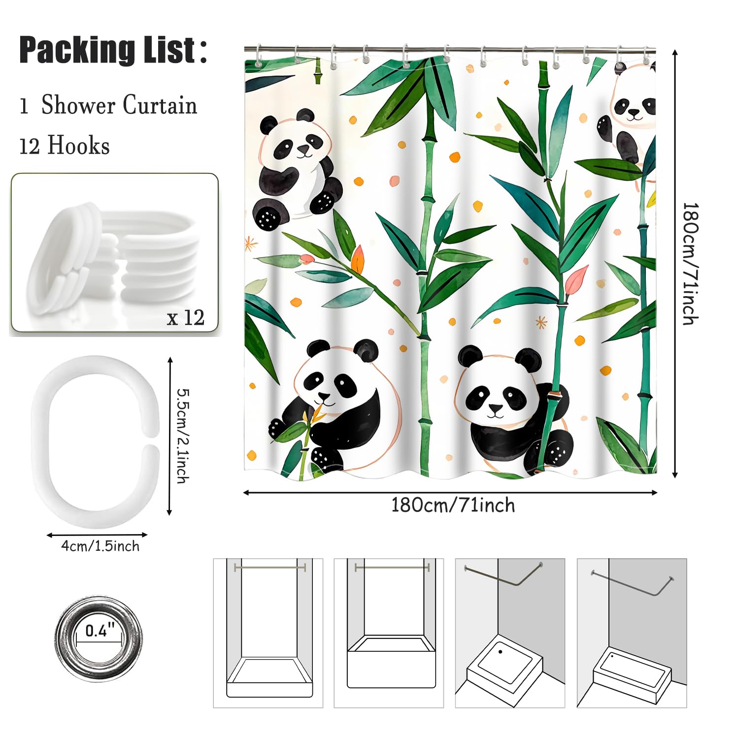 Green Panda Shower Curtain 180x180cm Mould Proof Waterproof with Hooks