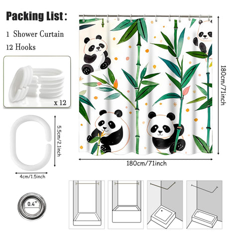 Green Panda Shower Curtain 180x180cm Mould Proof Waterproof with Hooks